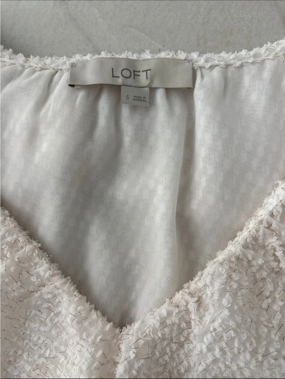 LOFT Ivory Ruffle-Trim Metallic Knit Blouse